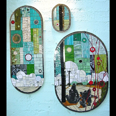 "Alley Triptych" Mosaic art in Fremont, Seattle, Washington by Kate Jessup