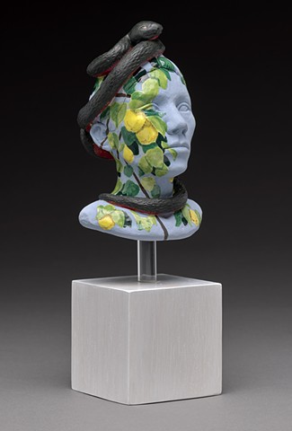ceramic work with underglaze surface snake, quince, leaves, summer by leigh craven