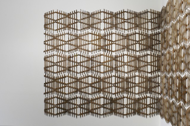 knit one purl two (detail)
pine, salt, oxidised nails 
(decommissioned craypots)
360 x 1030 cm