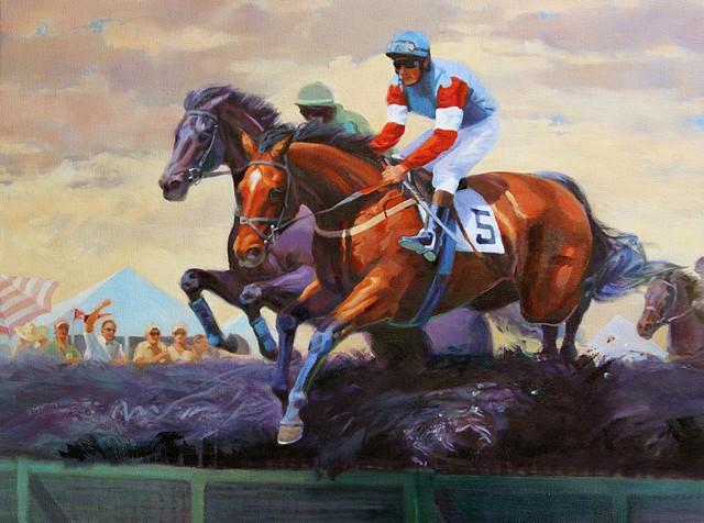 Two horses and riders jumping over a hurdle in a steeplechase race.
