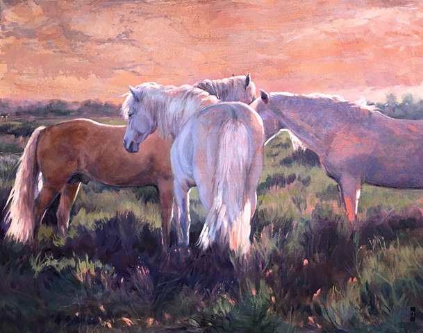Three horses resting at the end of the day.