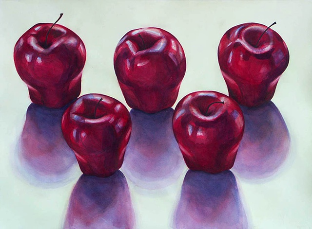 watercolor painting of five red apples arranged in two regimented rows with purple shadows