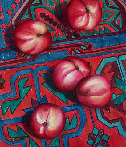 Waterolor painting of bright red nectarines scattered across an Azeri carpet.