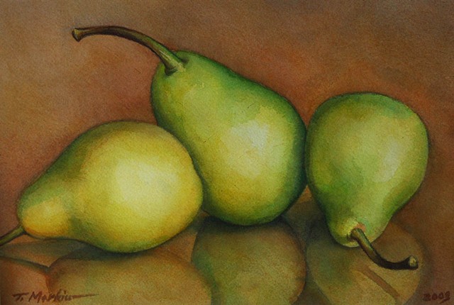 watercolor painting of three pears in glowing tones of yellow and green