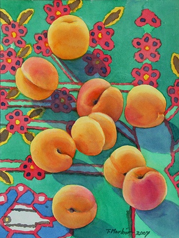 Watercolor painting of apricots scattered across a multicolored Azeri rug