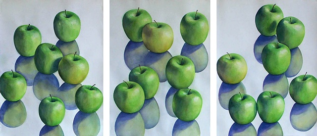 three watercolor paintings showing green apples in a series of interactions