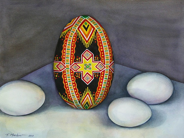 watercolor painting of a large Ukrainian Easter egg (pysanka) surrounded by smaller white eggs