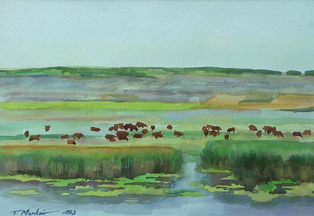 watercolor painting of cattle grazing on the steppes along the Inhul River in central Ukraine