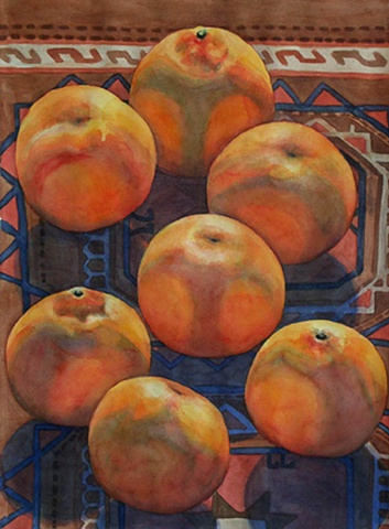 Large watercolor painting of tangerines bathed in sunlight on a Turkmeni rug