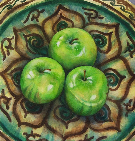 Watercolor painting of three green apples sitting in a green and brown decorated Persian bowl