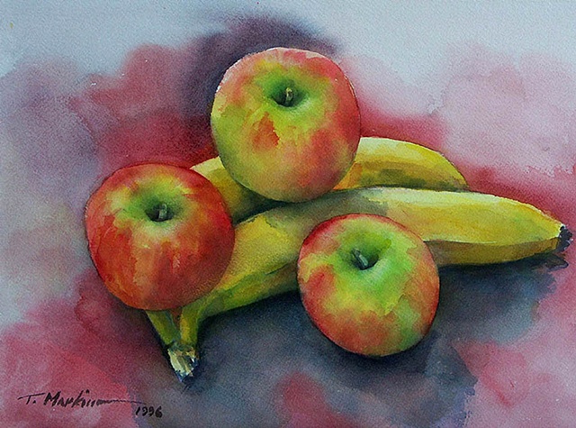 watercolor painting of red-yellow apples on yellow bananas