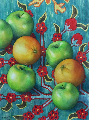 watercolor painting of green apples and bright oranges scattered across a green patterned Azeri rug