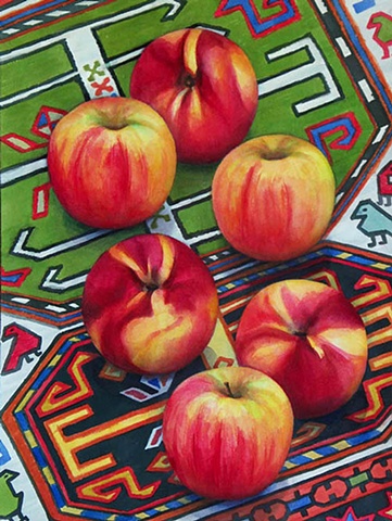 watercolor painting of golden red apples and golden red nectarines on an Azeri rug
