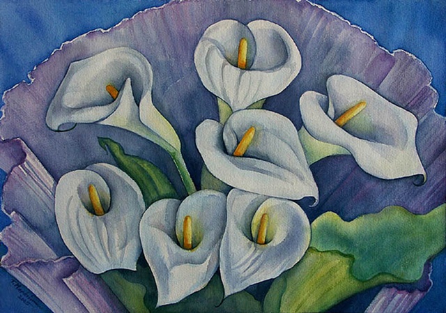 watercolor painting of a bouquet of stark white calla lilies wrapped in lilac paper