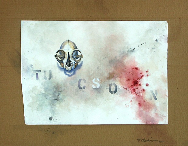 watercolor painting of a grinning skull surrounded by blood spatter, smudges, and the letters TUCSON