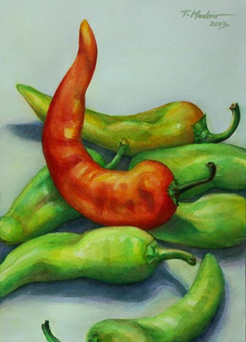 watercolor painting of a tangle of green, yellow, and red banana peppers