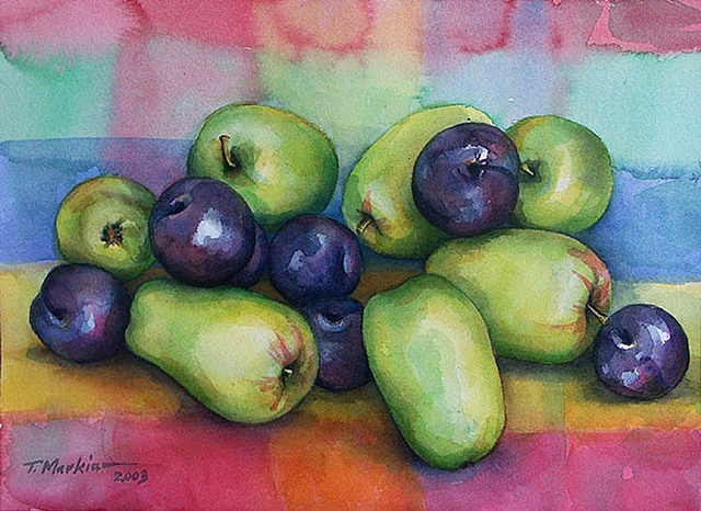 watercolor painting of a pile of funny shaped little green apples and plums on a brightly colored cloth