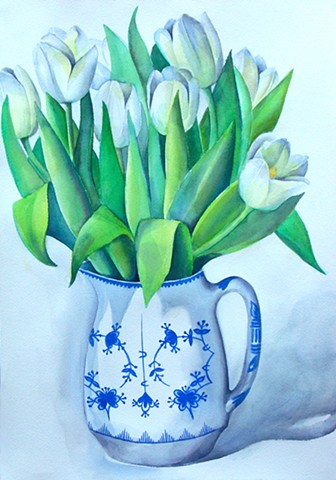 White Tulips in a Blue and White Ceramic Pitcher