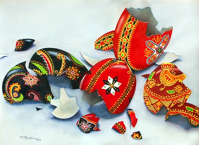large bright watercolor painting of broken, highly decorated Ukrainian Easter eggs
