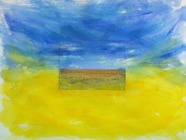 Watercolor painting landscape with a collaged image of blue sky above a yellow wheat field surrounded by exuberant brushstrokes of blue and yellow 