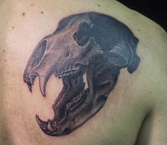 black and grey tattoo j majury bear skull coverup