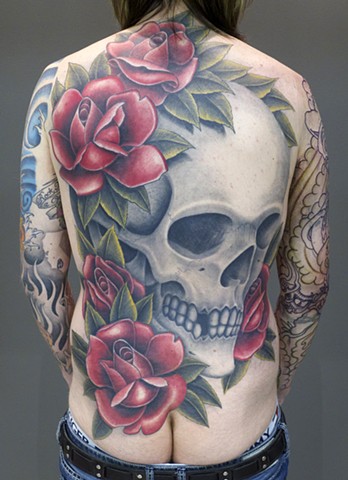 j. majury skull rose back tattoo first string tattoo winnipeg