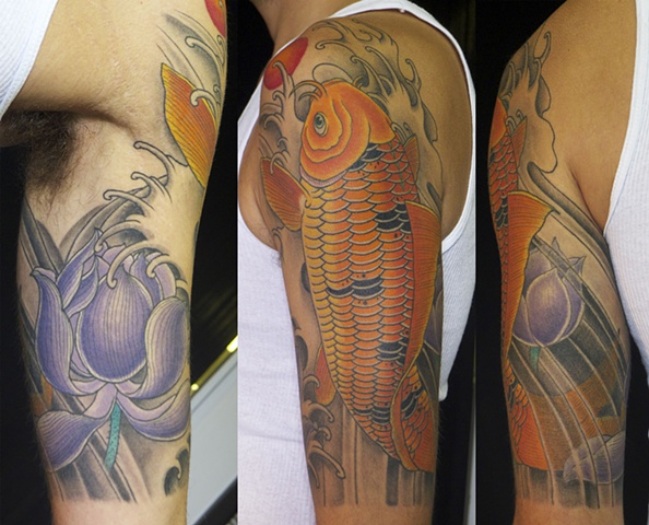 koi water lily half sleeve tattoo by J. Majury