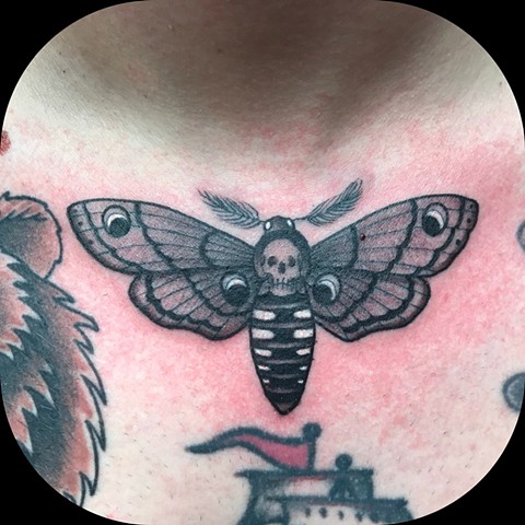 Deaths Head Moth Tattoo chest black and grey custom design winnipeg best first string top skull wings insect fine line jmajury