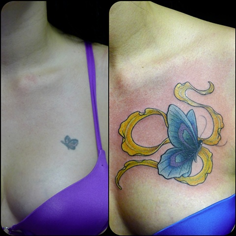 butterfly coverup ribbon color tattoo by j. majury