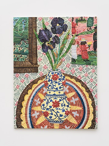 Untitled (black iris, Ming Dynasty vase, hex sign, Waterhouse Wallhanging’s Coyle House, Clementine Hunter’s Death of Friends,Loved Ones)