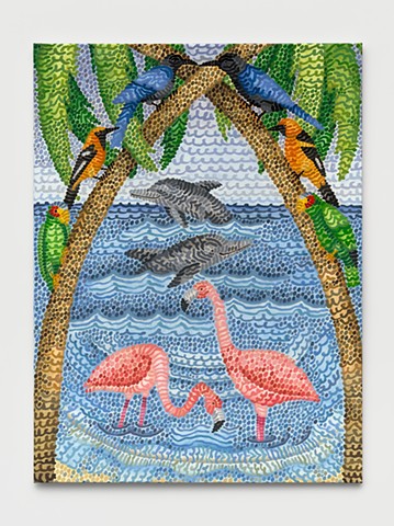 Untitled (endemic orange oriole, flamingo, Yucatán jay, Yucatán parrot),