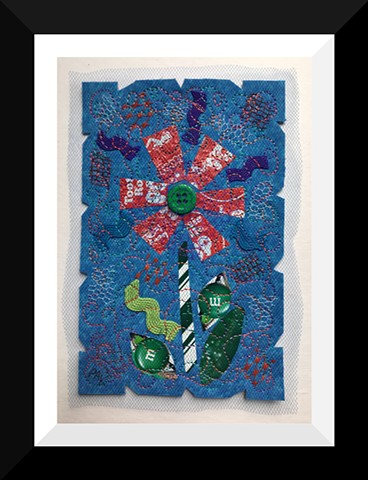 48   Blue Red Tootsie Candy Wrapper  Flower Fiber: Framed Contemporary Art Quilt
