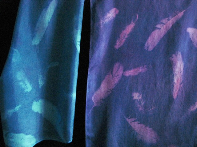 22  Silk Scarf, Hand-dyed,Sun-printed Turq-Fuschia Feather
