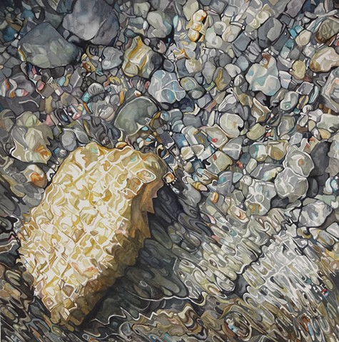 watercolour painting of rocks under water with colour, abstraction, and reflection
