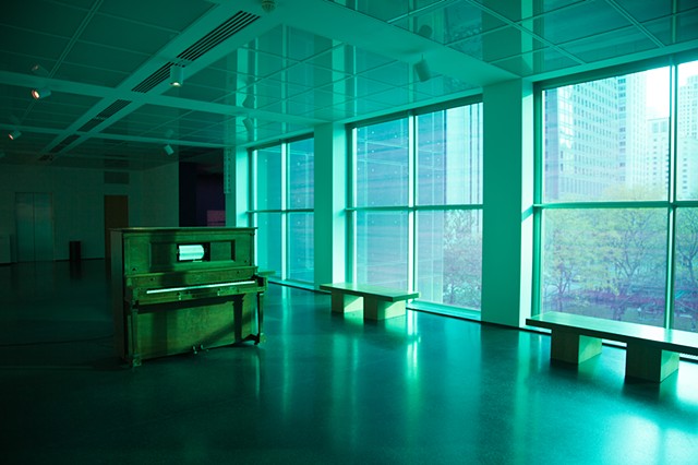 Music for Elephants at the MCA Chicago in the turquoise light of Diana Thater's nearby installation