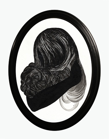 Painting of a silhouette of a woman cradling her own hair like an animal by Jenny Kendler