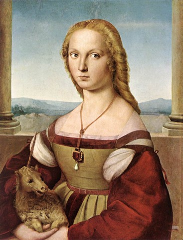 "Lady with a Unicorn," also known as "Portrait of a Lady with a Unicorn" or "Young Woman with Unicorn" by Raphael