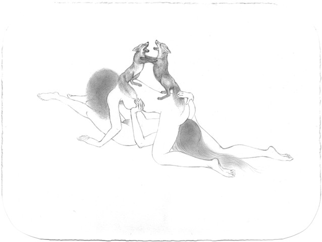 Drawing of two women making love with Red Foxes fighting by Jenny Kendler