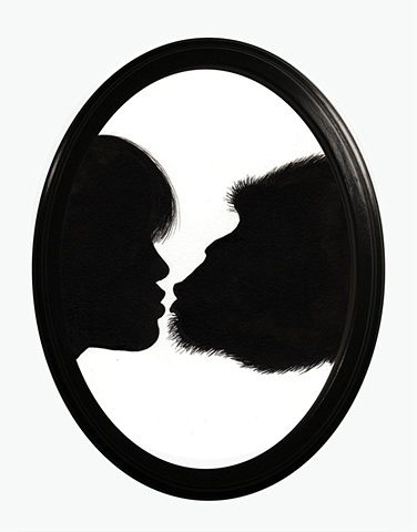 Painting of a silhouette of a girl and a chimpanzee kissing called Kissing Cousins by Jenny Kendler