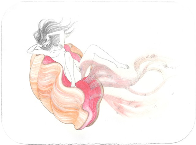 Drawing / Painting of a woman in a giant clam releasing eggs by Jenny Kendler