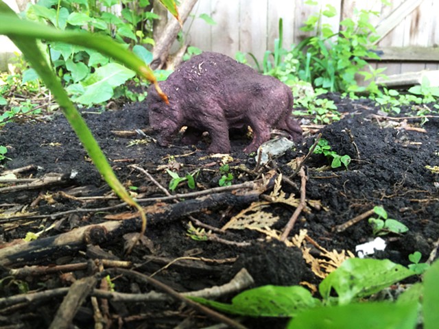 Adopted biodegradable bison in the garden of Noah Hanna