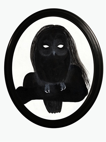 Painting of a silhouette of a woman holding an owl on her wrist and looking through its eyes by Jenny Kendler