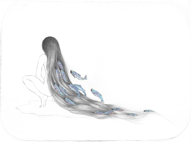 Drawing / Painting of a woman with salmon swimming in her hair like water by Jenny Kendler