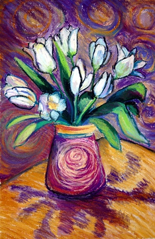 White tulips in ceramic jar