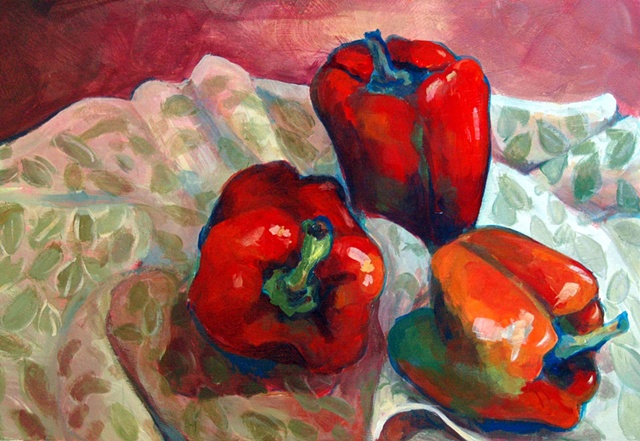 Still life with peppers, acrylic on paper.