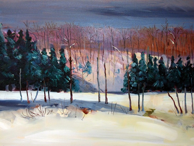 Oil painting of lac JEannie in the snow