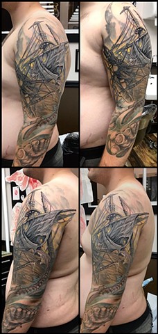 Full color 3/4 sleeve tattoo pirate ship kraken octopus monster deep sea ocean nautical tattoo