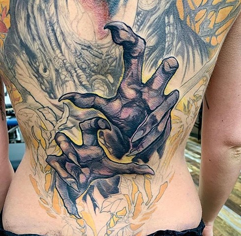 full color back piece large tattoo witch magic illustrative semi realistic detailed fine lined intricate tattoo 