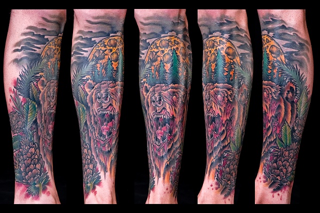 Blood thirsty bear forest full moon color leg sleeve tattoo