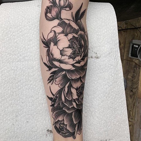 Black and grey florals detailed semi realistic illustrative design custom arm piece